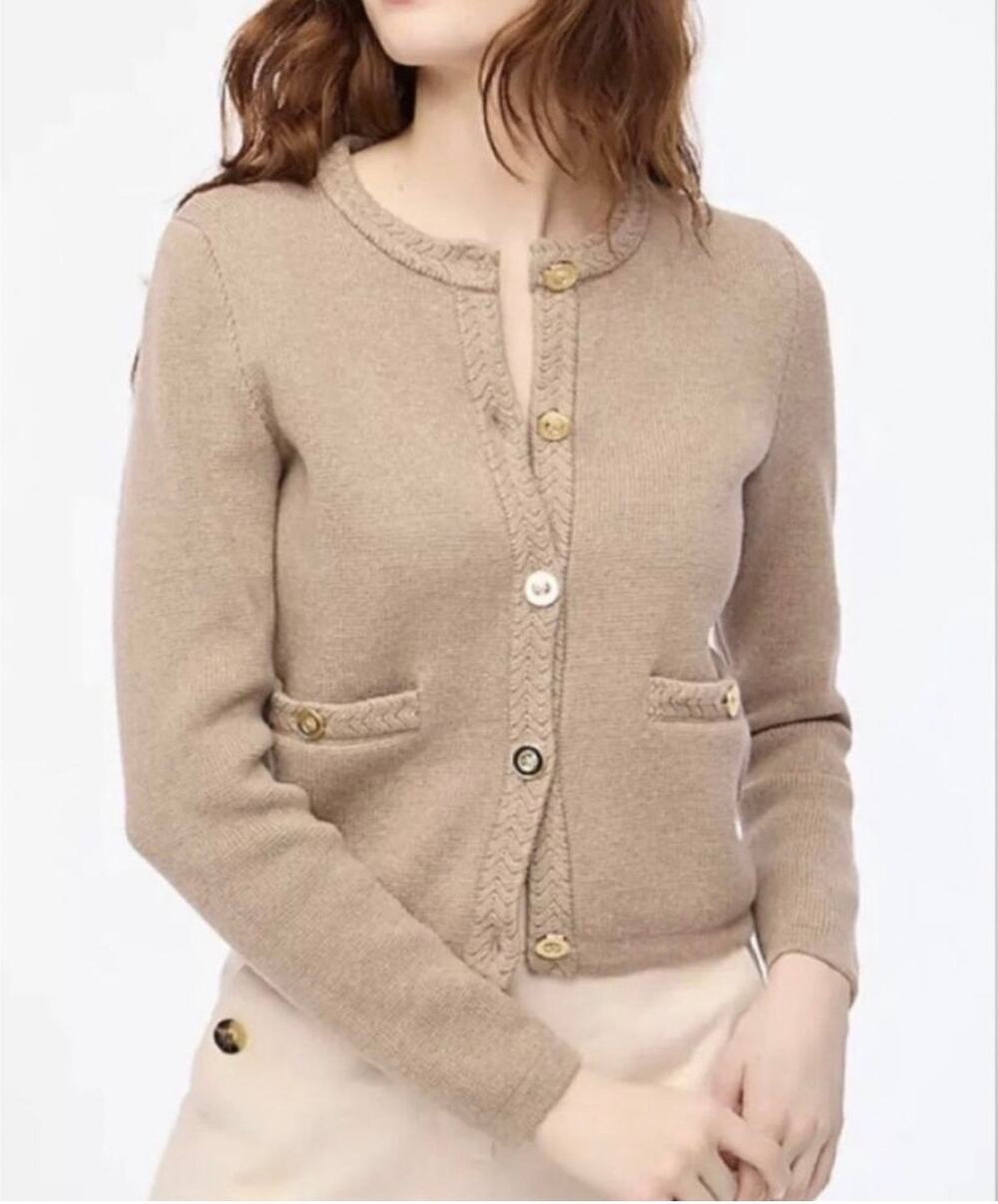 J. Crew Cotton Lady Jacket Cardigan Sweater Preppy Braided Trim Preppy Brown Tan